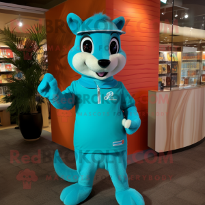 Turquoise Weasel mascot costume character dressed with a Polo Shirt and Cummerbunds