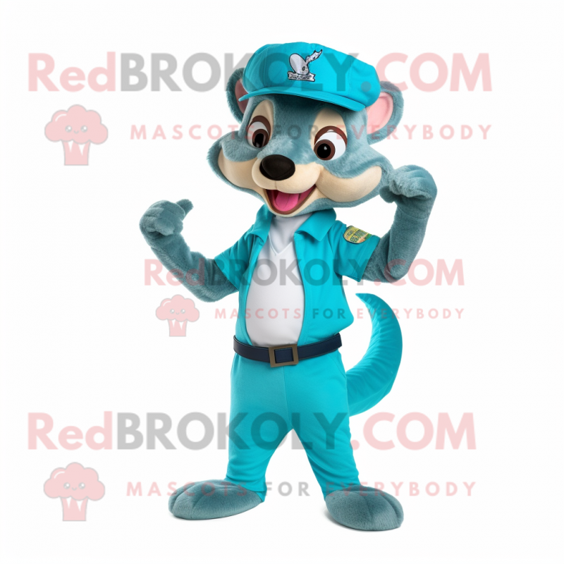 Turquoise Weasel mascot costume character dressed with a Polo Shirt and Cummerbunds Turquoise Weasel mascot costume character dressed with a Polo Shirt and Cummerbunds