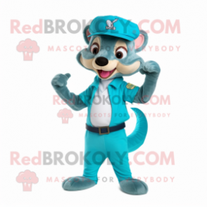 Turquoise Weasel mascot costume character dressed with a Polo Shirt and Cummerbunds