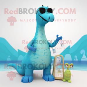 Cyan Brachiosaurus mascot costume character dressed with a One-Piece Swimsuit and Eyeglasses