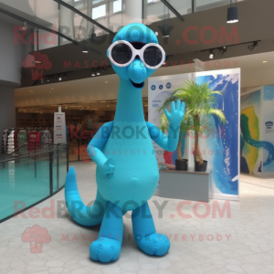 Cyan Brachiosaurus mascot costume character dressed with a One-Piece Swimsuit and Eyeglasses