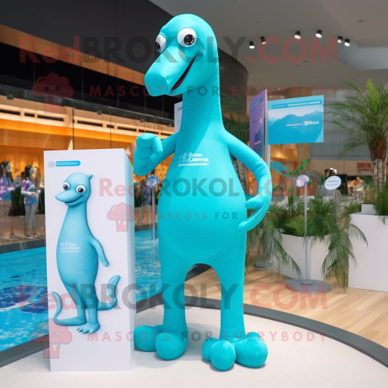 Cyan Brachiosaurus mascot costume character dressed with a One-Piece Swimsuit and Eyeglasses