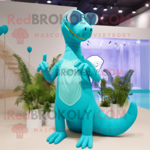 Cyan Brachiosaurus mascot costume character dressed with a One-Piece Swimsuit and Eyeglasses