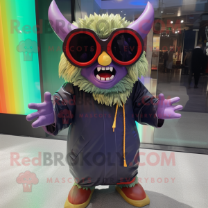 nan Demon mascot costume character dressed with a Parka and Sunglasses