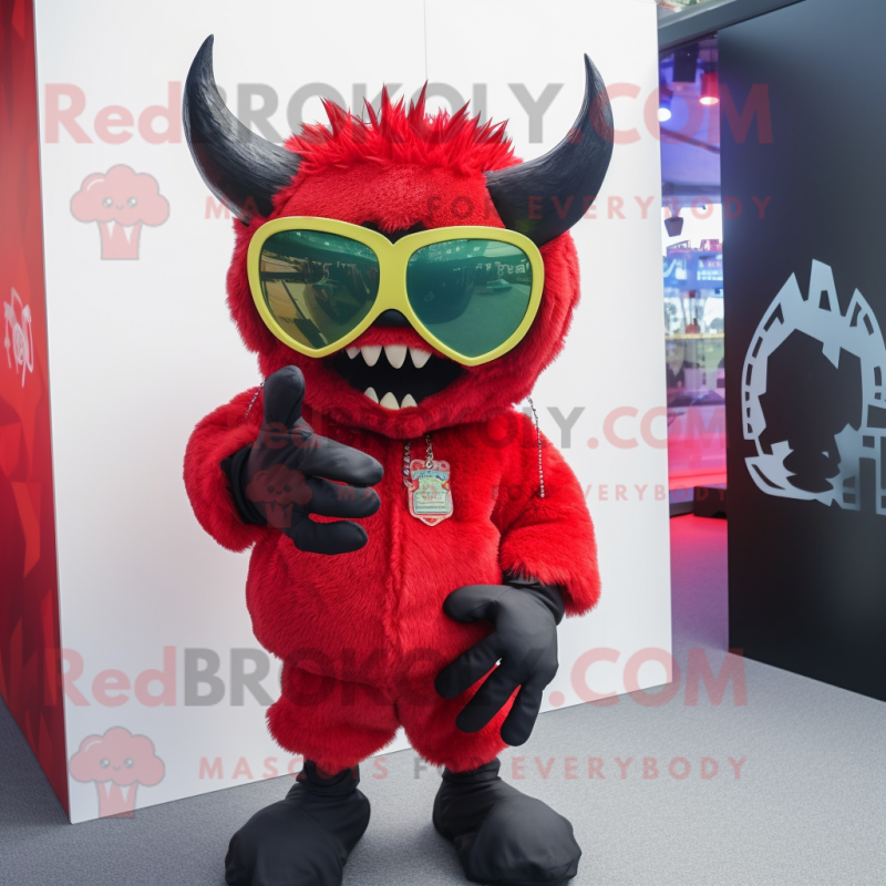 nan Demon mascot costume character dressed with a Parka and Sunglasses