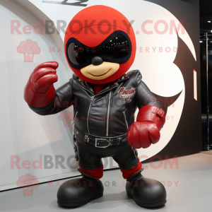 Red Rugby Ball mascot costume character dressed with a Biker Jacket and Wraps