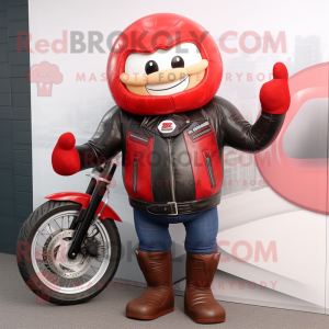 Red Rugby Ball mascot costume character dressed with a Biker Jacket and Wraps