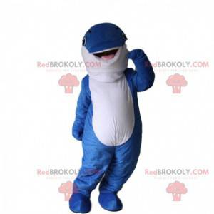 Mascote golfinho azul e branco, fantasia de baleia -