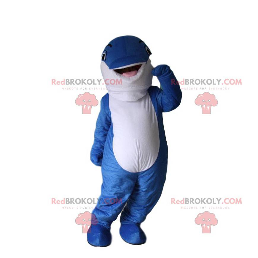 Mascotte de dauphin bleu et blanc, costume de baleine -