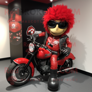 Red Rugby Ball mascot costume character dressed with a Biker Jacket and Wraps