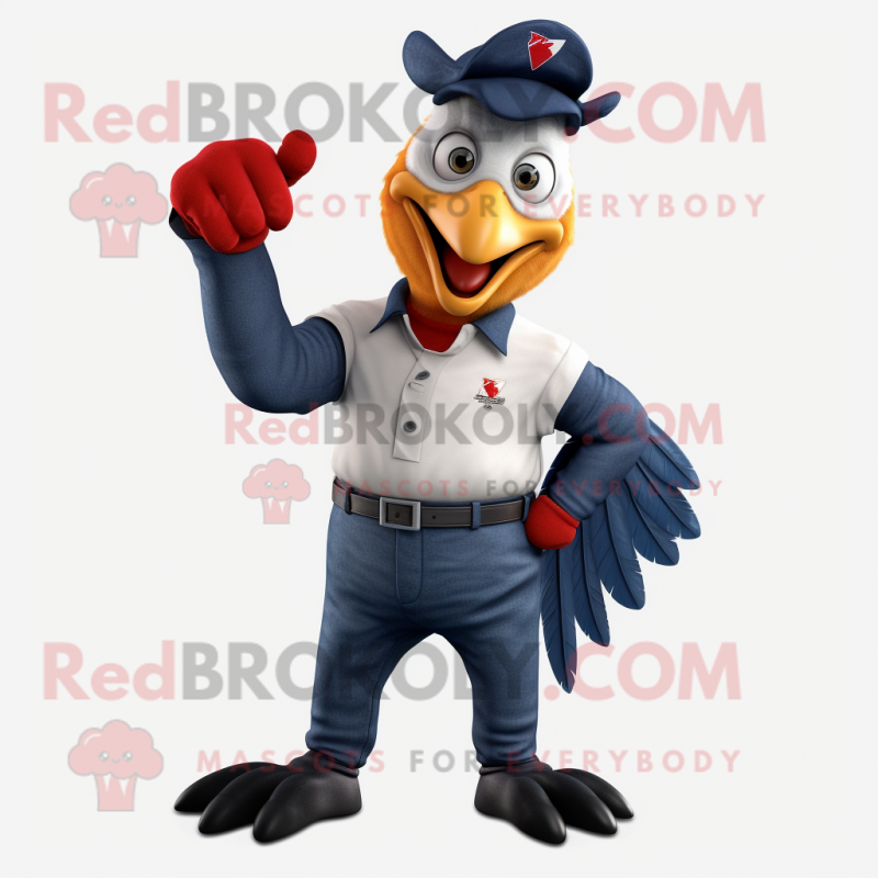 Navy Rooster mascot costume character dressed with a Jeans and Earrings Navy Rooster mascot costume character dressed with a Jeans and Earrings