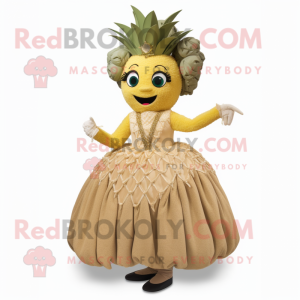 Tan Pineapple mascot costume character dressed with a Ball Gown and Ties