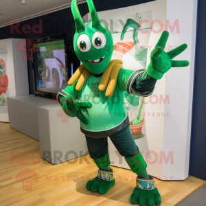 Green Lobster mascot costume character dressed with a T-Shirt and Shoe laces