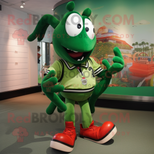 Green Lobster mascot costume character dressed with a T-Shirt and Shoe laces