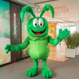 Green Lobster mascot costume character dressed with a T-Shirt and Shoe laces