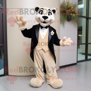 Beige Panther mascot costume character dressed with a Tuxedo and Clutch bags