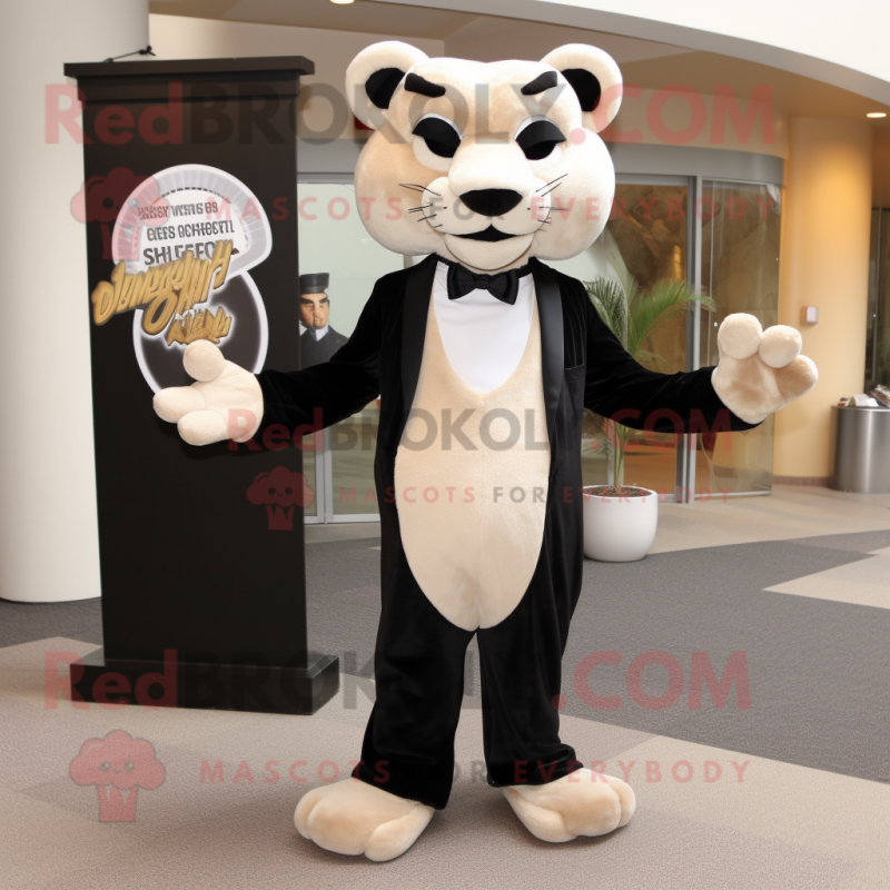 Beige Panther mascot costume character dressed with a Tuxedo and Clutch bags