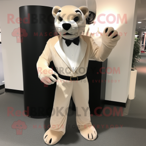 Beige Panther mascot costume character dressed with a Tuxedo and Clutch bags