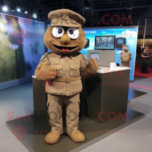 Brown Army Soldier mascot costume character dressed with a Oxford Shirt and Earrings