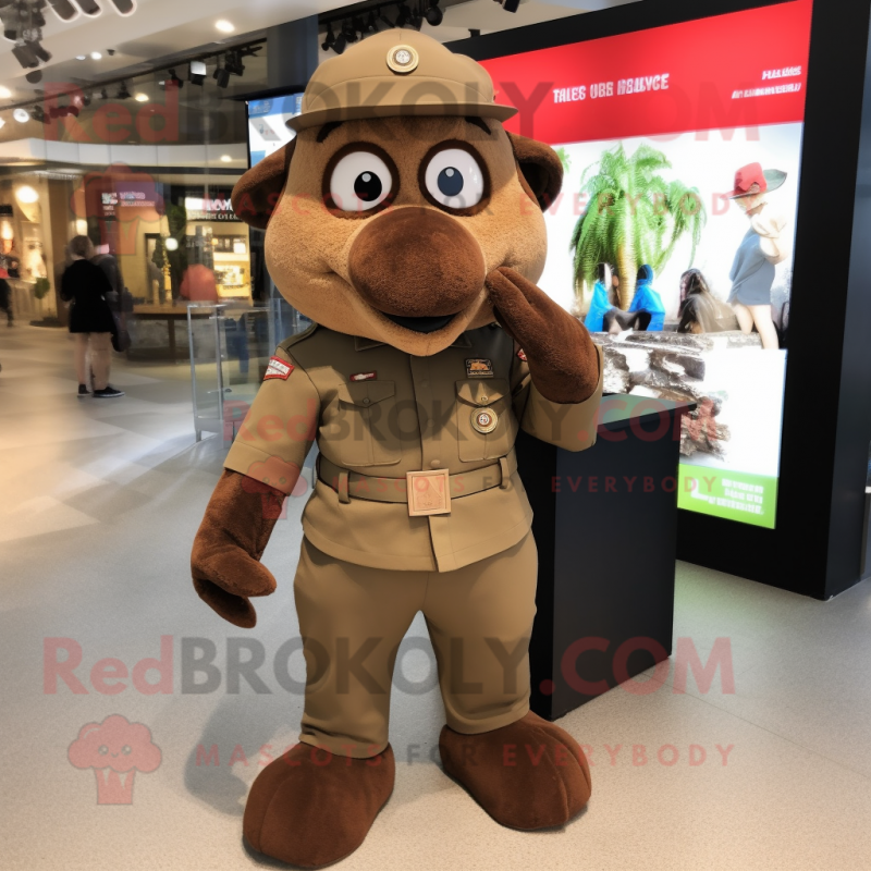 Brown Army Soldier mascot costume character dressed with a Oxford Shirt and Earrings