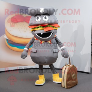 Gray Hamburger mascot costume character dressed with a Culottes and Coin purses