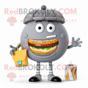 Gray Hamburger mascot costume character dressed with a Culottes and Coin purses