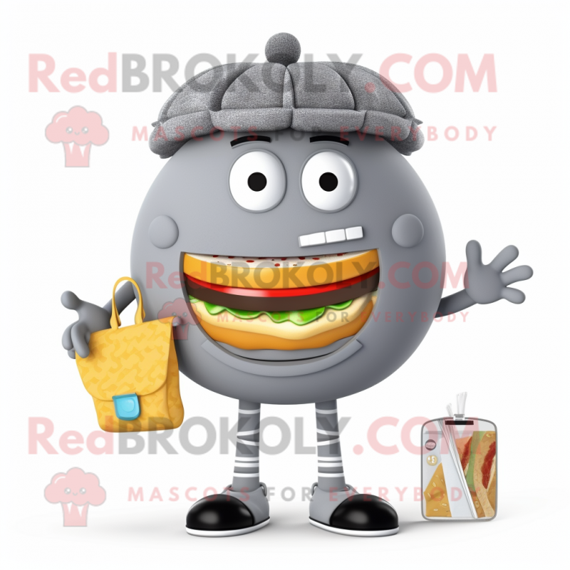 Gray Hamburger mascot costume character dressed with a Culottes and Coin purses Gray Hamburger mascot costume character dressed with a Culottes and Coin purses