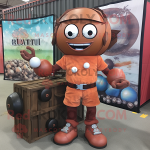 Rust Human Cannon Ball mascot costume character dressed with a Bermuda Shorts and Earrings