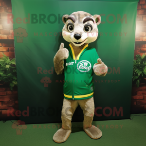 Forest Green Meerkat mascot costume character dressed with a T-Shirt and Lapel pins