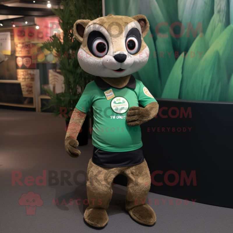 Forest Green Meerkat mascot costume character dressed with a T-Shirt and Lapel pins