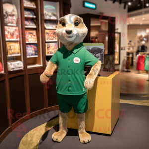 Forest Green Meerkat mascot costume character dressed with a T-Shirt and Lapel pins