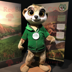 Forest Green Meerkat mascot costume character dressed with a T-Shirt and Lapel pins