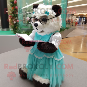 Turquoise Spectacled Bear mascot costume character dressed with a Wedding Dress and Reading glasses