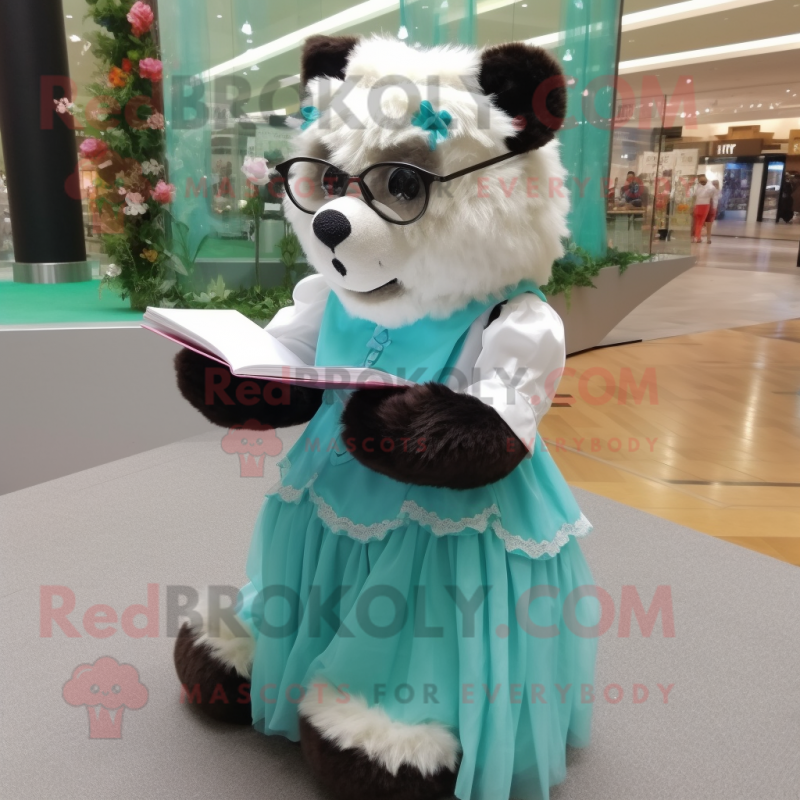 Turquoise Spectacled Bear mascot costume character dressed with a Wedding Dress and Reading glasses