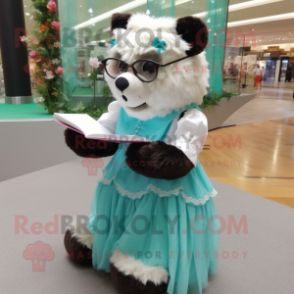 Turquoise Spectacled Bear mascot costume character dressed with a Wedding Dress and Reading glasses