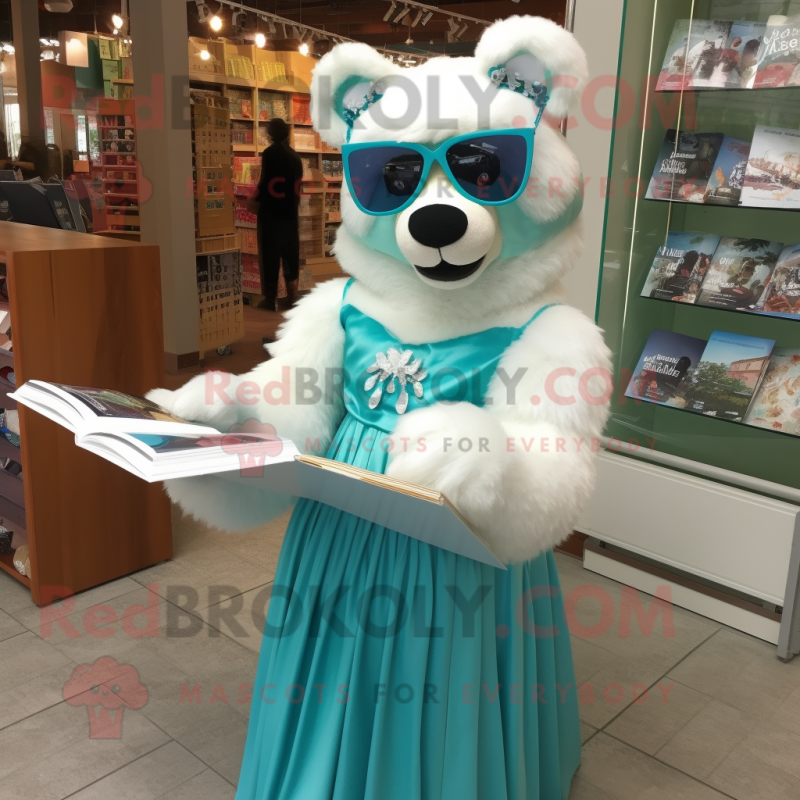 Turquoise Spectacled Bear mascot costume character dressed with a Wedding Dress and Reading glasses