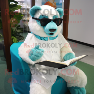 Turquoise Spectacled Bear mascot costume character dressed with a Wedding Dress and Reading glasses