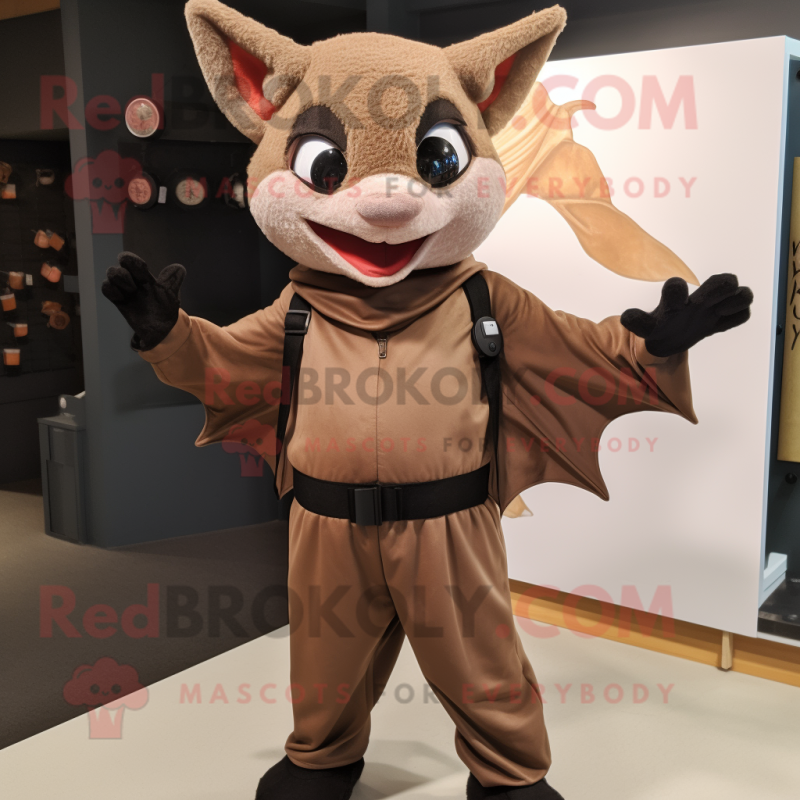 Brown Bat mascot costume character dressed with a Bodysuit and Suspenders