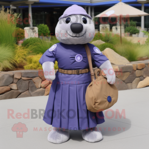 Lavender Navy Seal mascot costume character dressed with a Wrap Skirt and Wallets