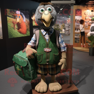 Forest Green Turkey mascot costume character dressed with a Button-Up Shirt and Backpacks