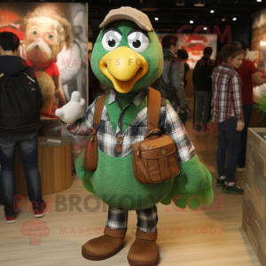 Forest Green Turkey mascot costume character dressed with a Button-Up Shirt and Backpacks