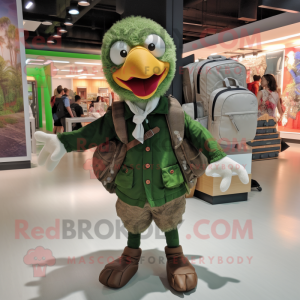 Forest Green Turkey mascot costume character dressed with a Button-Up Shirt and Backpacks