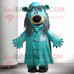 Teal Bbq Ribs mascot costume character dressed with a Raincoat and Hair clips