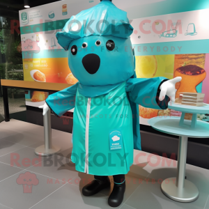 Teal Bbq Ribs mascot costume character dressed with a Raincoat and Hair clips