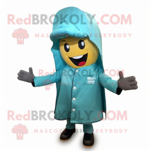 Teal Bbq Ribs mascot costume character dressed with a Raincoat and Hair clips