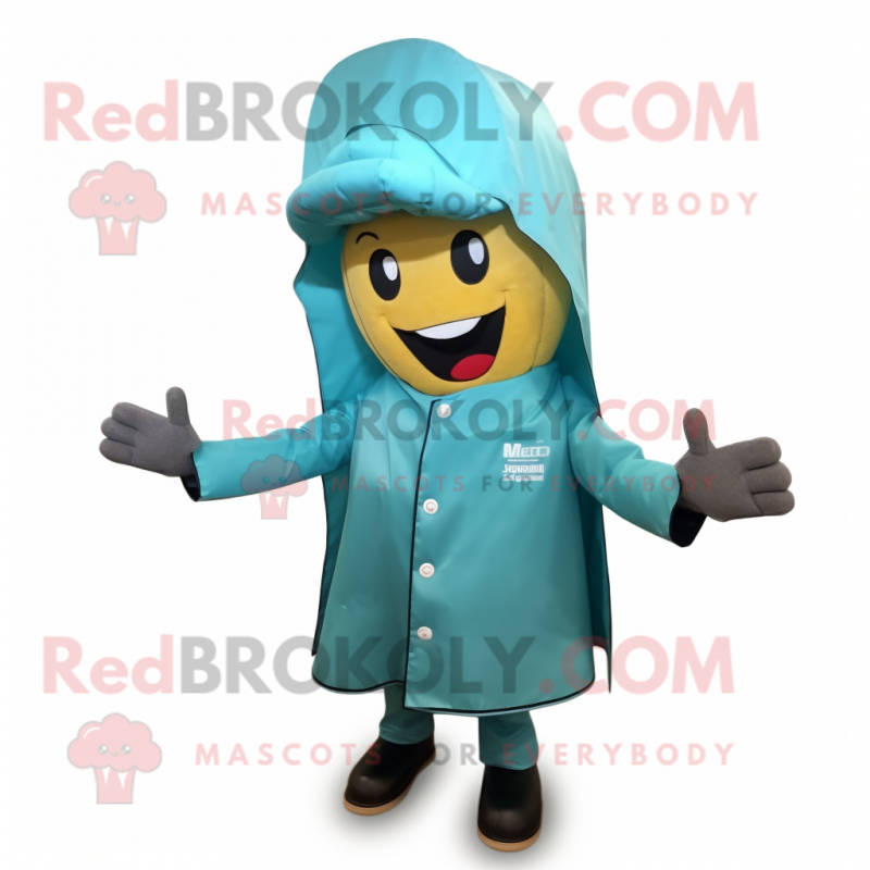 Teal Bbq Ribs mascot costume character dressed with a Raincoat and Hair clips Teal Bbq Ribs mascot costume character dressed with a Raincoat and Hair clips