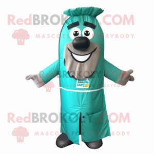 Teal Bbq Ribs mascot costume character dressed with a Raincoat and Hair clips