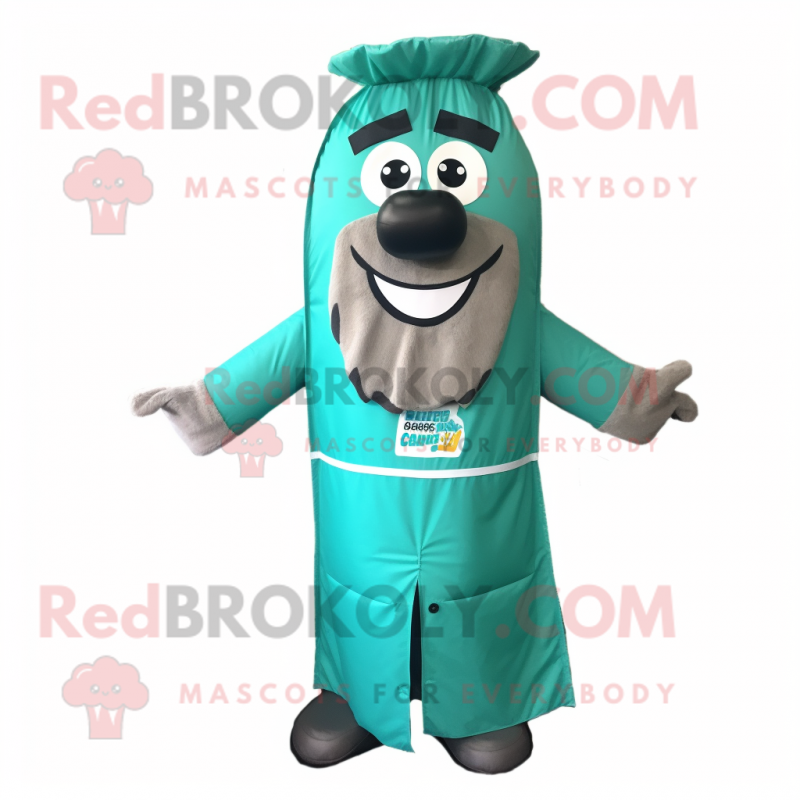 Teal Bbq Ribs mascot costume character dressed with a Raincoat and Hair clips Teal Bbq Ribs mascot costume character dressed with a Raincoat and Hair clips