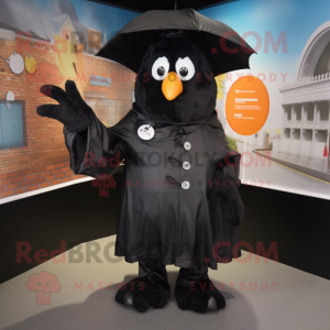 Black Momentum mascot costume character dressed with a Raincoat and Handbags