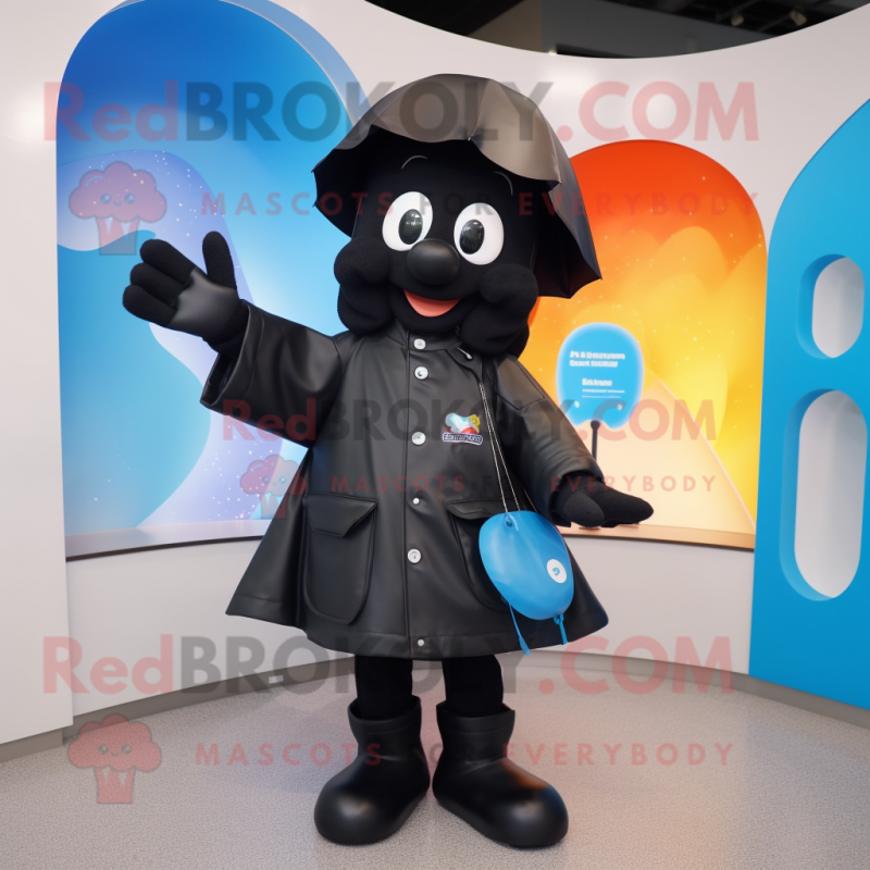 Black Momentum mascot costume character dressed with a Raincoat and Handbags Black Momentum mascot costume character dressed with a Raincoat and Handbags